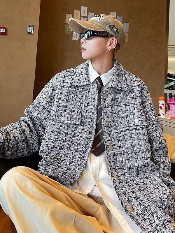 Chanel style coat men's trendy houndstooth fashion handsome high-grade men's fashion brand couple shirt jacket spring and autumn Chanel style coat men's trendy houndstooth fashion handsome high-grade men's fashion brand couple shirt jacket spring and autumn