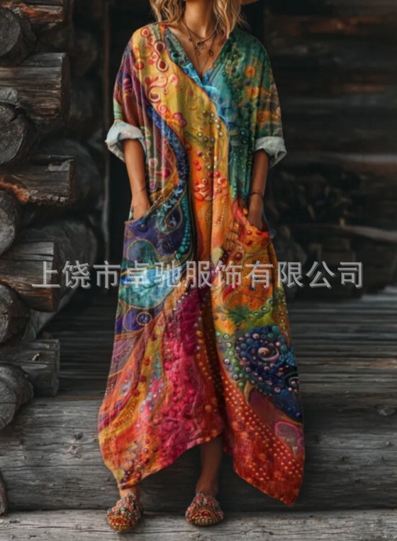 2025新款独立站女式复古花卉艺术图案印花口袋V领口袋连衣裙|undefined