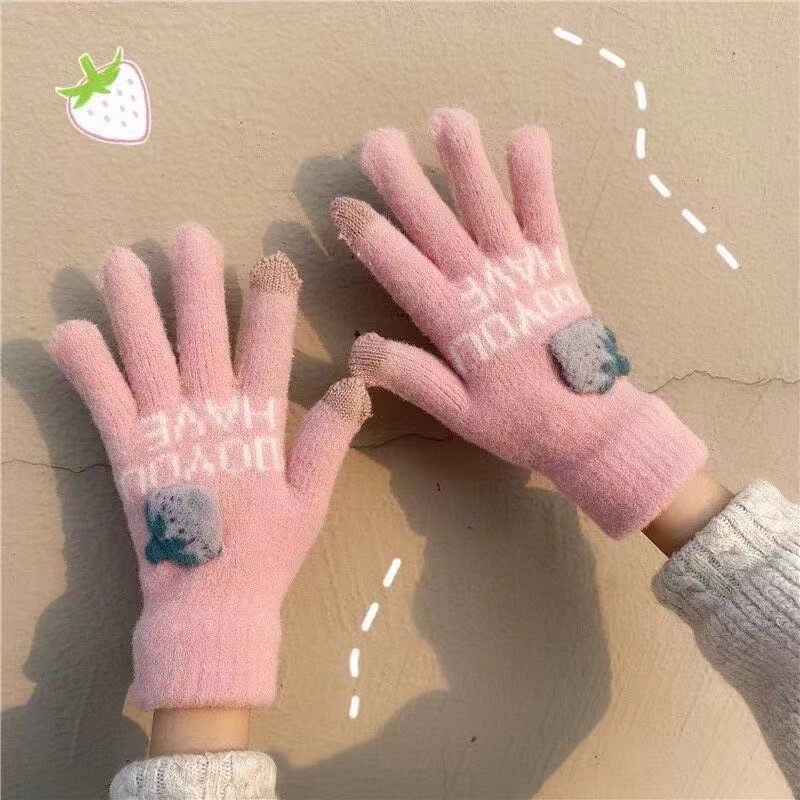 Guantes de peluche de otoño y invierno damas guantes de punto de peluche caliente antifría engrosado guantes lindos de dibujos animados al por mayor
