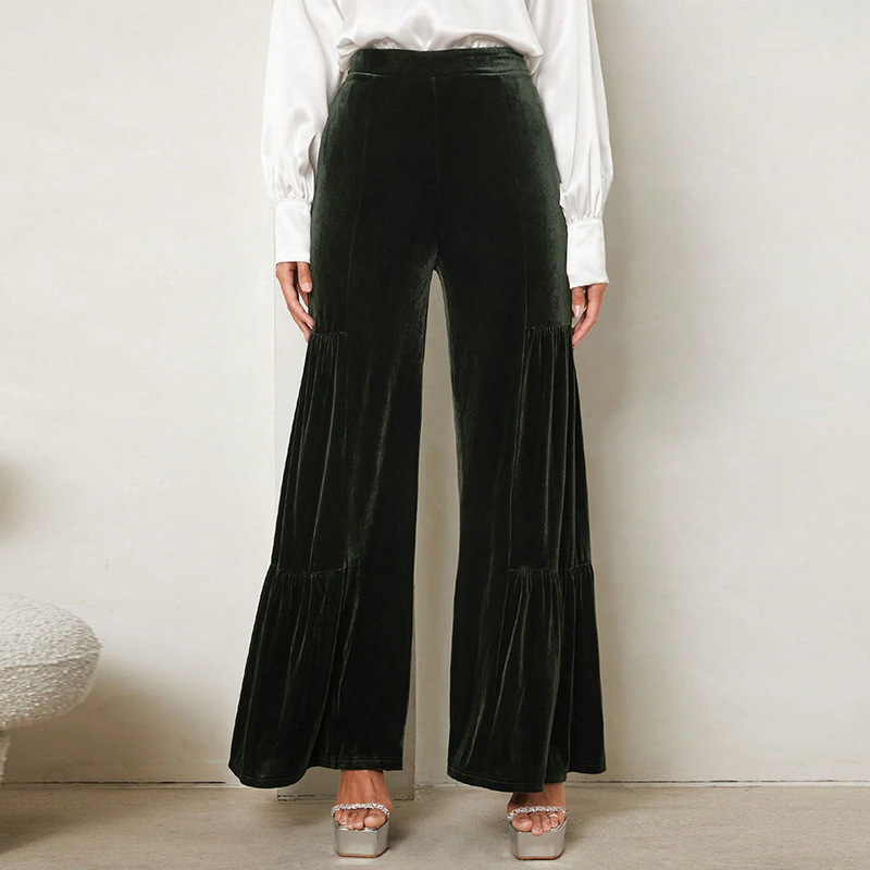 Cross-border Women's Clothing European and American Autumn and Winter Golden Velvet Wide-leg Pants Ruffled High Waist Straight Loose Slimming Elegant Trousers for Women Cross-border Women's Clothing European and American Autumn and Winter Golden Velvet Wide-leg Pants Ruffled High Waist Straight Loose Slimming Elegant Trousers for Women