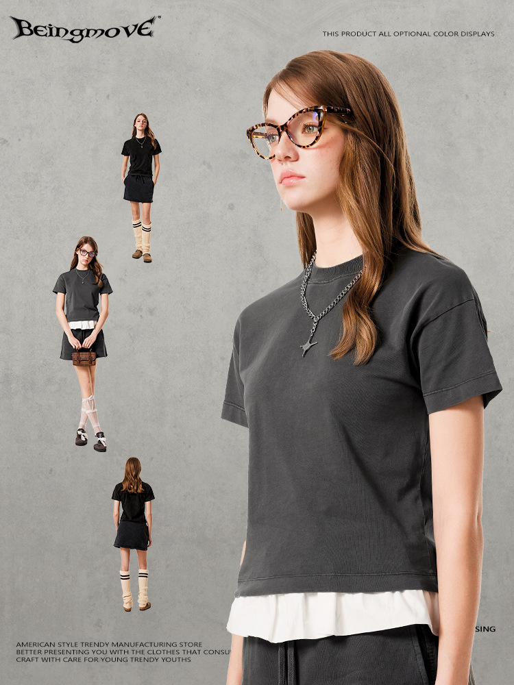 2025 verano americano retro dulce chica caliente versión pequeña camisa de fondo de hombro casual suelta camiseta de manga corta ropa de mujer image 4