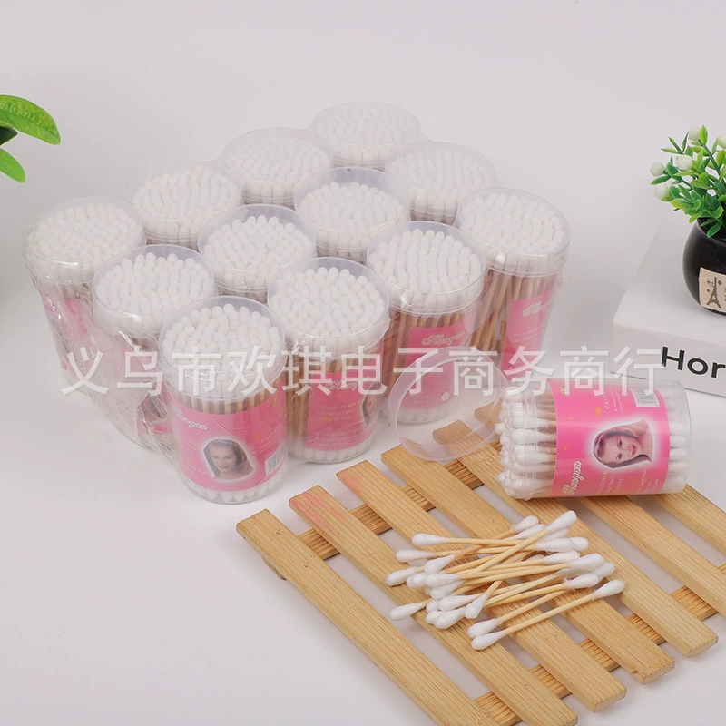 Внешняя торговля Горячая трансграничная, посвященная деревянной палочке баррель ватный тампон ватная палочка круглая голова очистки ушей одноразовые двойной головы очистки ванной комнаты