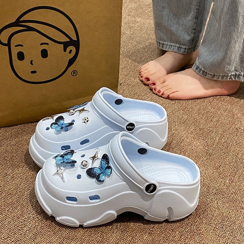 New Thick-Soled Closed-Toe Slippers for Outdoor Wear, Height-Increasing, Summer Blue Butterfly Arch Support Clogs for Women