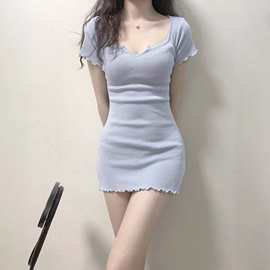 辣妹灰色性感v领短袖T恤连衣裙女夏季小个子修身纯欲包臀短裙裙子