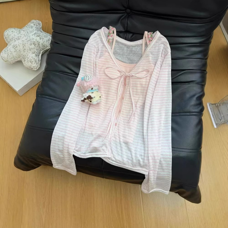 Korean-Style Lazy Striped Long-Sleeve Cardigan Top, New Summer Style, Loose and Elegant, Versatile, Slimming, Two-Piece Set with Camisole