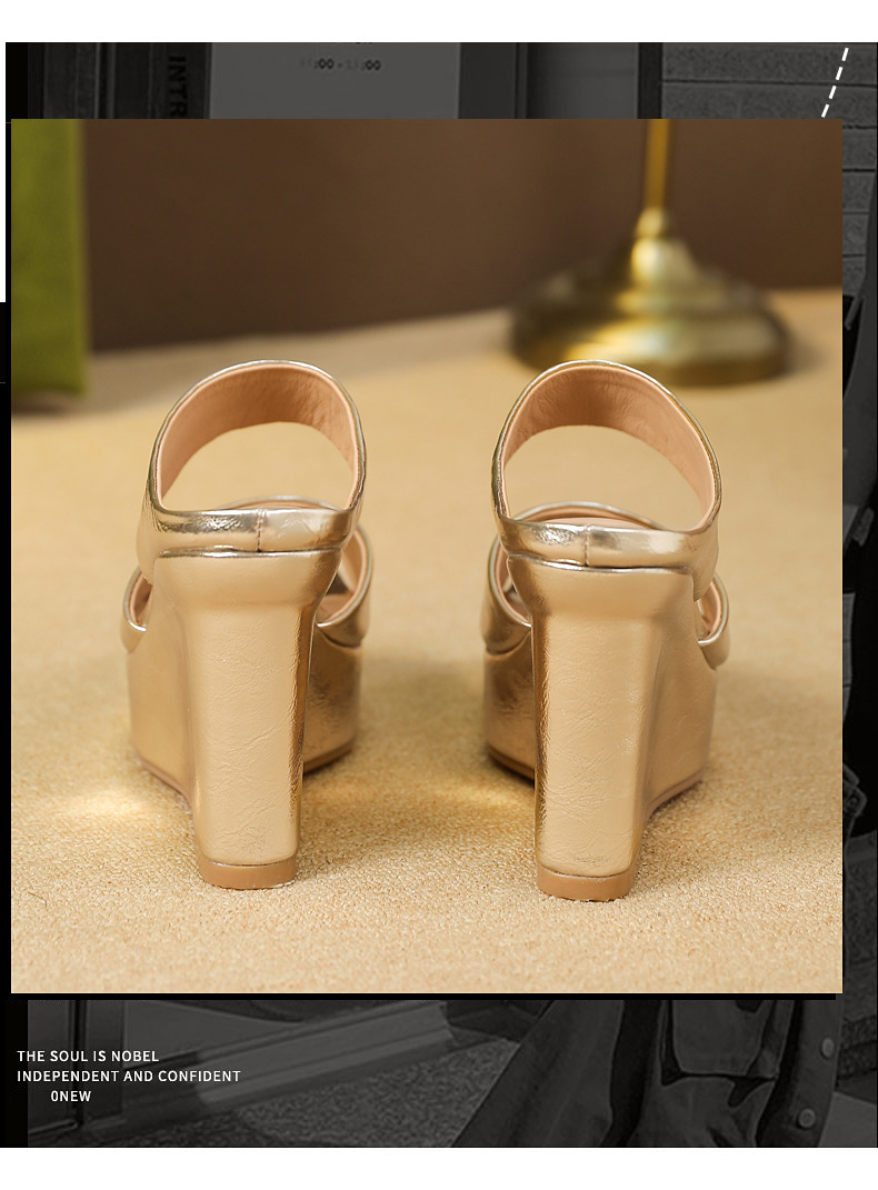 Sandal nữ quai ngang mũi vuông, gót siêu cao đế xuồng, kiểu miệng cá — vàng chi tiết 9