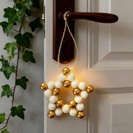 北欧简约原木珠壁挂饰五角星串珠墙饰圣诞树装饰小挂件手工编织