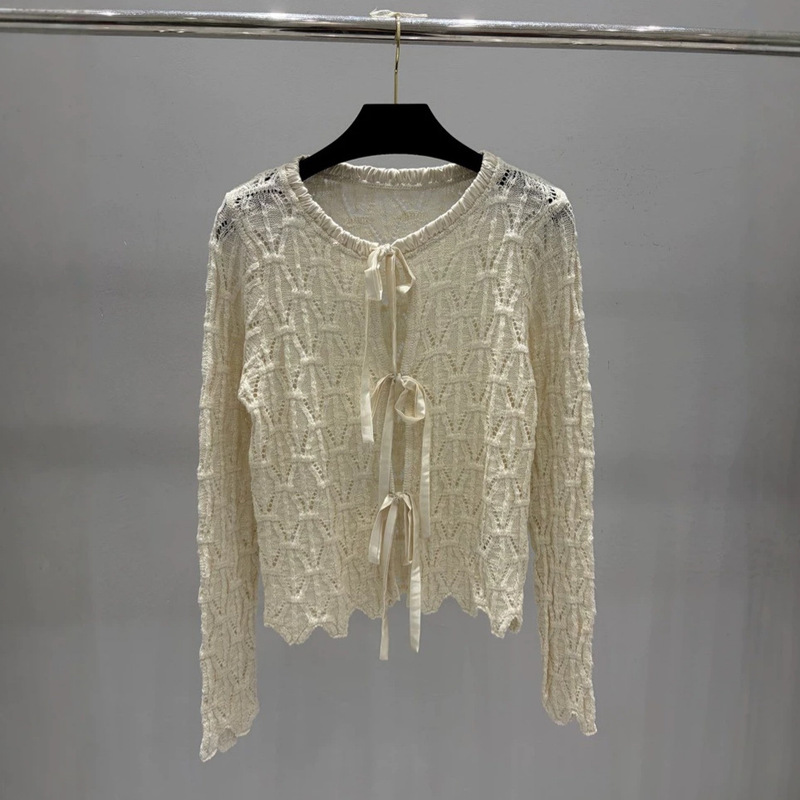  D to Women's Hollow Lace-Up Knit Cardigan with French-style Design and Ruffled Round Neck