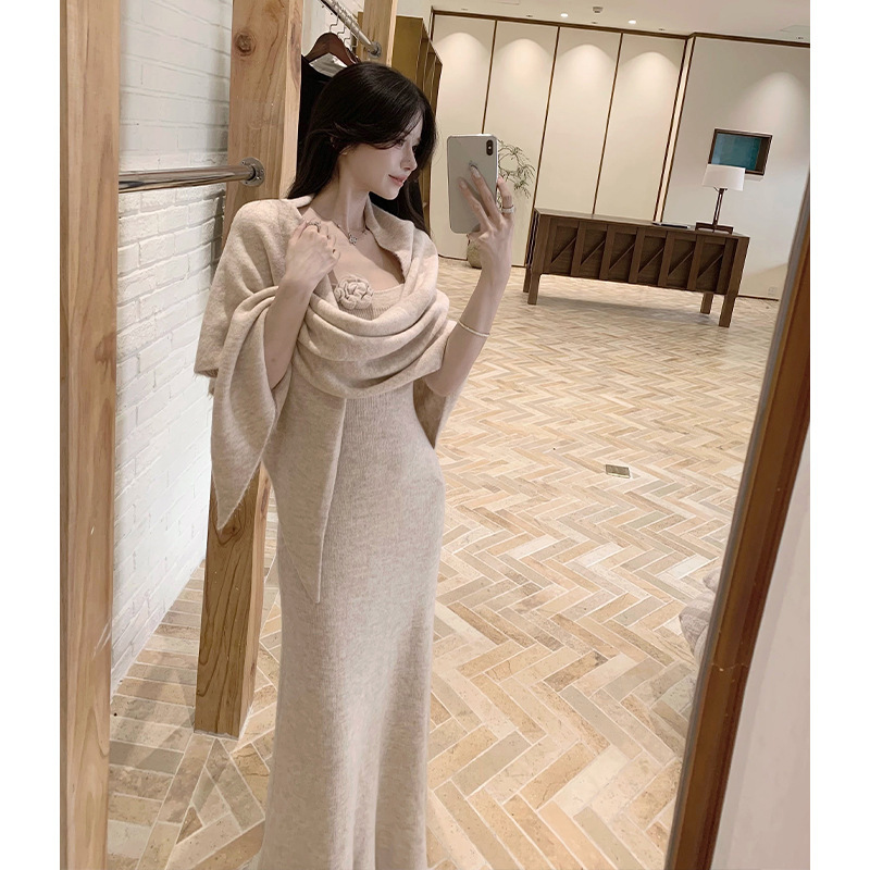 Foreign Trade Women's Clothing 2025 Autumn and Winter New French Waist Knitted Suspender Dress with Shawl Fashionable Elegant Sweater