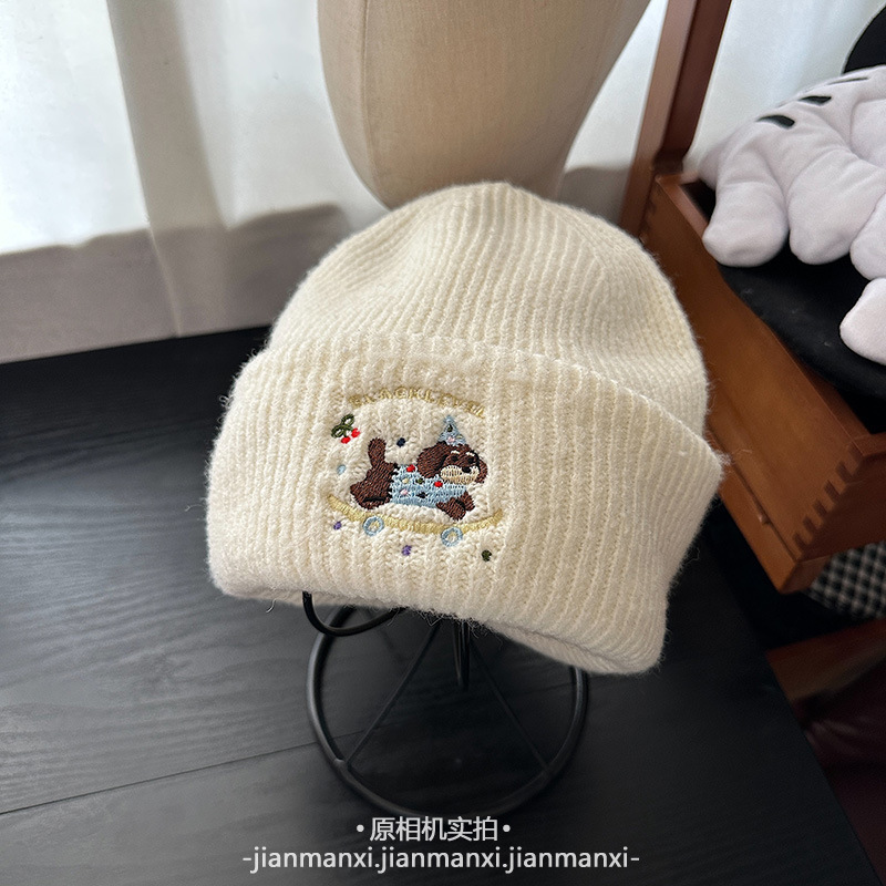 卡通可爱刺绣滑板小狗针织帽子女秋冬季保暖百搭慵懒显脸小包头帽|undefined