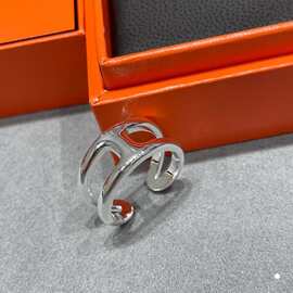 爱家 S925纯银H开口戒指女简约时尚设计感冷淡风几何型镂空手饰女