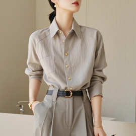 2025春秋新款干练气质冷淡系高级感灰色长袖薄衬衫法式通勤上衣女