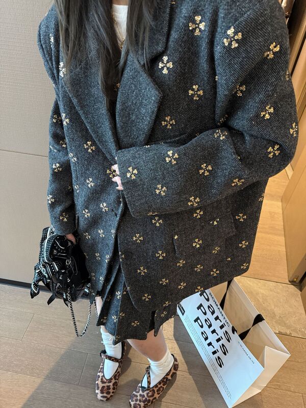 氛围感金色重工珠片百搭小香风西装外套/百褶裙/马甲三件套女新款|undefined