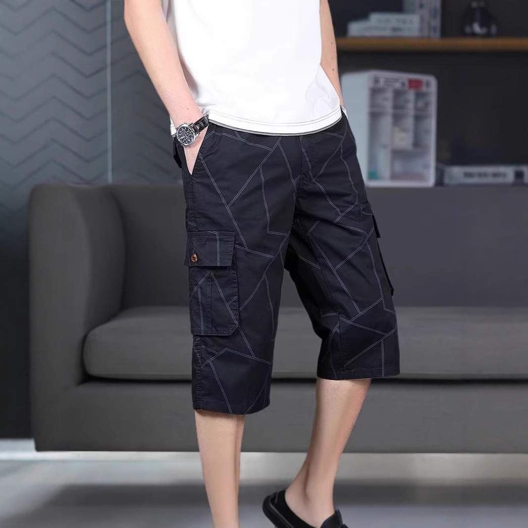 Summer New Over-The-Knee Thin Cropped Pants Striped Cargo Multi-Pocket Shorts Men's Versatile Casual Mid-Length Shorts