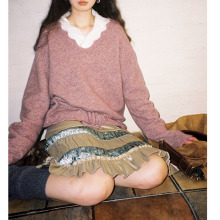 敲软幼马海毛羊毛亲肤镂空花边V领抽绳针织套衫毛衣2025秋季新款