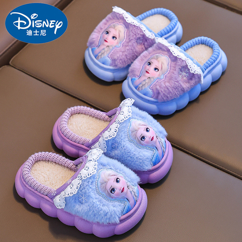 Zapatillas de algodón de invierno para niños, niñas, hielo y nieve, calentamiento de lana, princesa Elsa, calentamiento en el hogar, zapatos de algodón para niñas