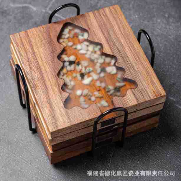 Resina transfronteriza almohadilla de taza de río piedra árbol de Navidad madera sólida empalme epoxi simple transparente almohadilla de taza de té cuadrada