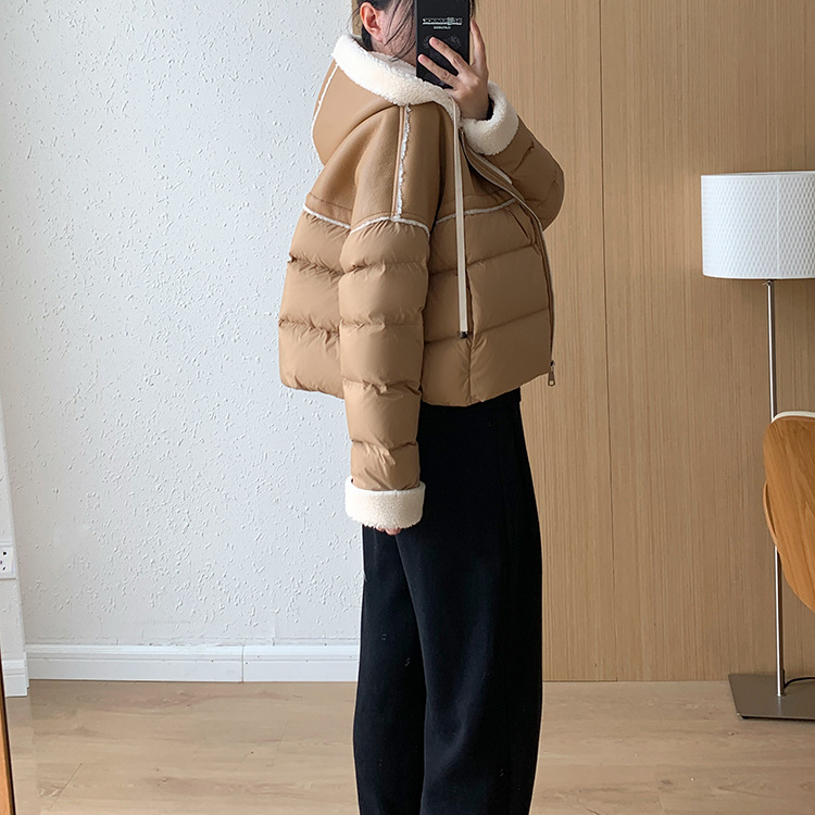 Giacca corta europea in piumino per donna stile corto cuciture colore a contrasto pelle PU leggera lusso alta qualità maglione largo 2024 nuovo inverno_voghion.com