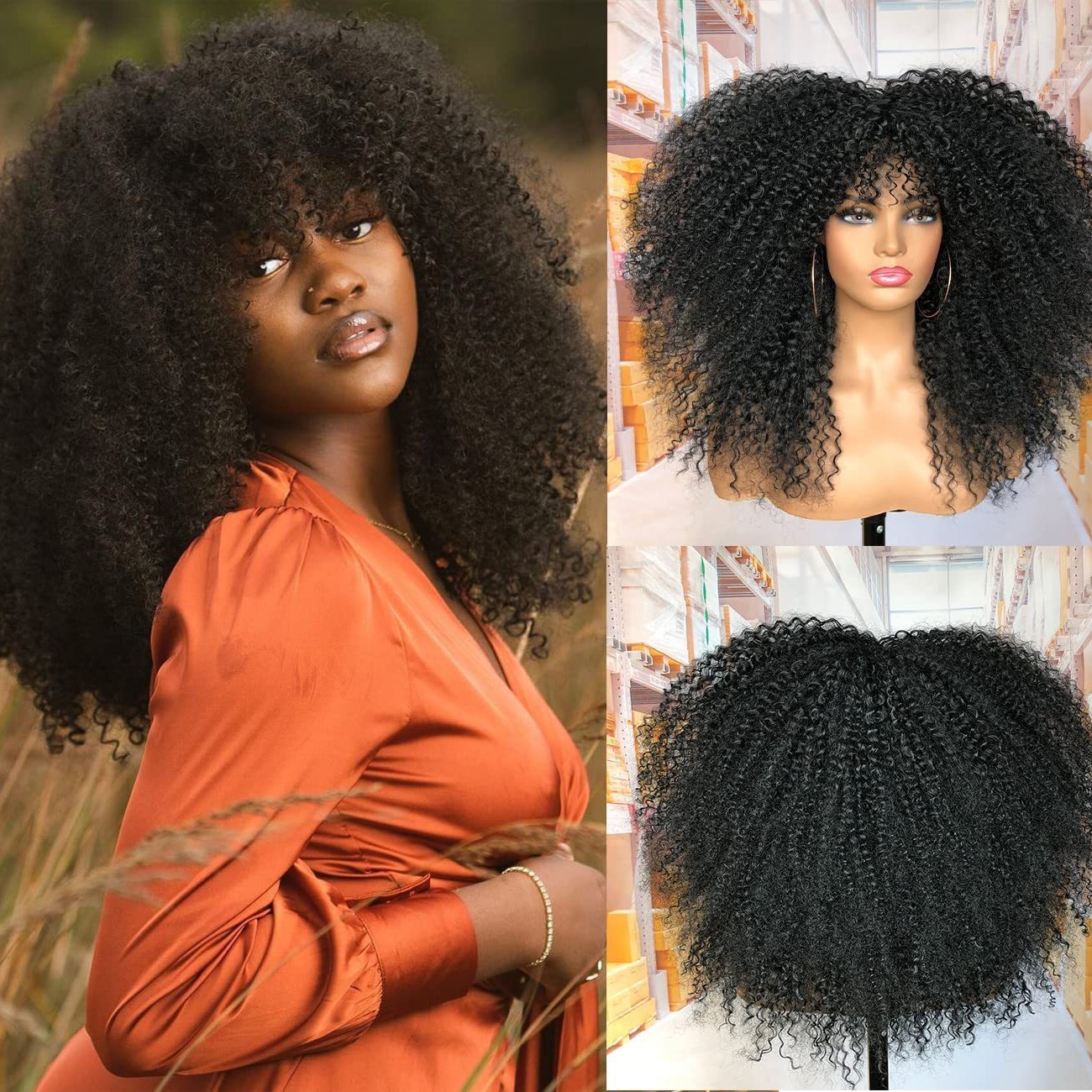 Women's Curly Wig - Natural Black Synthetic African American Full Curly Wig with Bangs