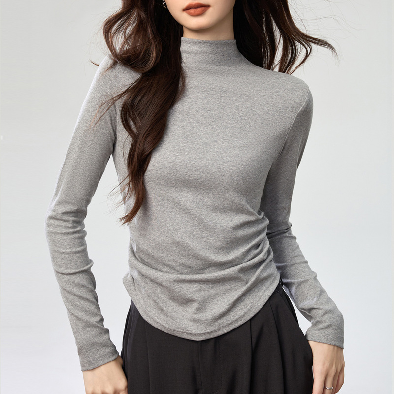 40-Count Combed Cotton Protein Skin-Friendly Half Turtleneck Bottoming Shirt for Women Autumn Long-Sleeved T-Shirt Slimming Look Waist Pleated Top 40-Count Combed Cotton Protein Skin-Friendly Half Turtleneck Bottoming Shirt for Women Autumn Long-Sleeved T-Shirt Slimming Look Waist Pleated Top