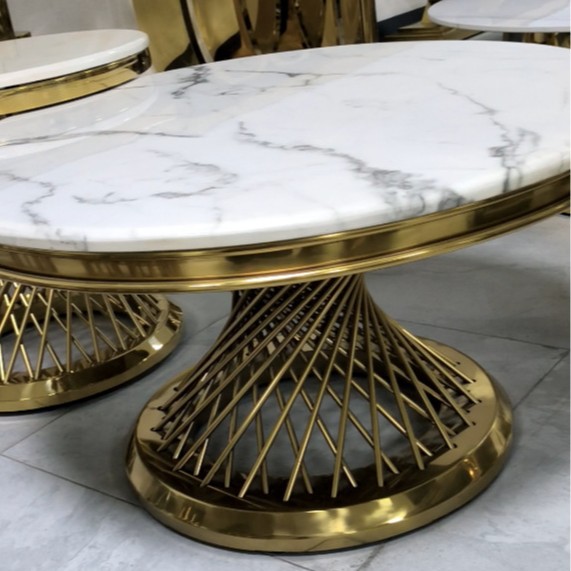 Mesa de té de mármol de acero inoxidable combinación de varios lados de la sala de estar simple mesa de hotel de metal hueco nido de pájaros titanio oro