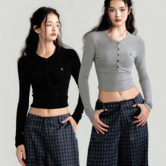 LULUSWINGS 24AW 复古亨利领修身长袖针织打底衫高弹显瘦T恤上衣