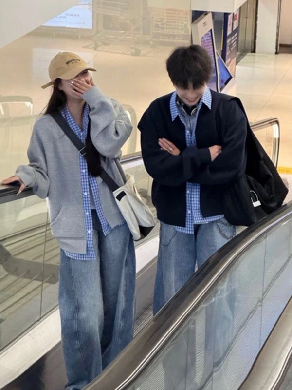 美式复古假两件卫衣开衫男款春季格子拼接cleanfit慵懒风情侣外套|undefined