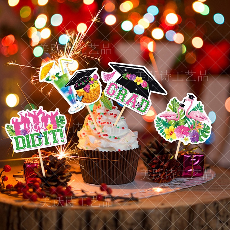 Fiesta de graduación hawaiana tarjeta de decoración de pastel de temporada de graduación mesa de postres horneado pastel de decoración inserto