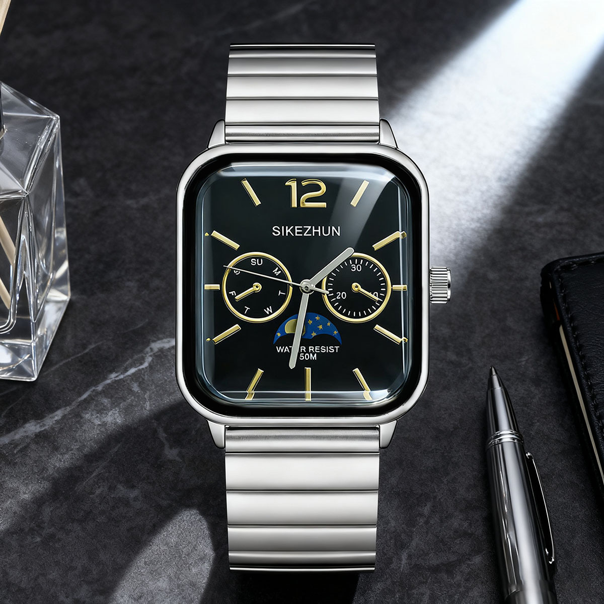 New Moon Phase Small Square High-End Watch Men's Watch Women's Watch Temperament Quartz Stainless Steel Belt Couple Watch