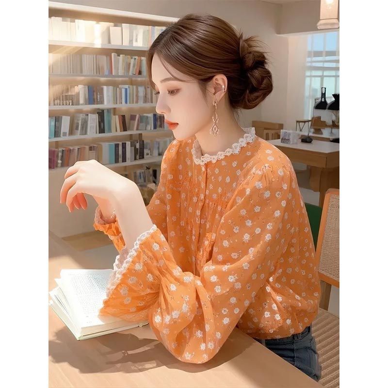 New Spring Orange Floral Shirt, French Dopamine Top, Attractive Lace Trim, Youthful and Versatile Trendy Blouse