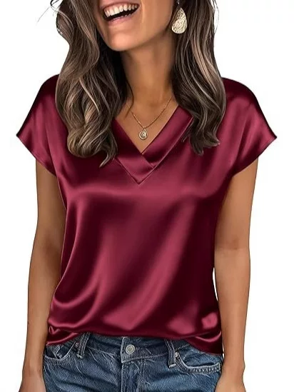 21 Colors in Stock Women's Satin T-Shirt Spring and Summer Amazon European and American Women's New Style V-Neck Satin Casual Top for Women