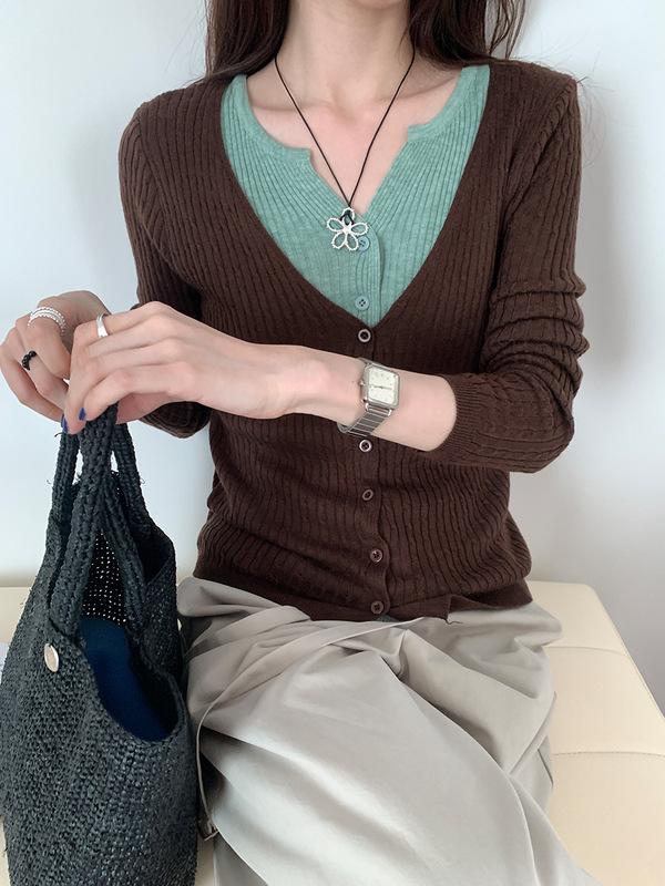 撞色假两件针织衫女秋季广州十三行2025新款韩版百搭修身显瘦上衣|undefined