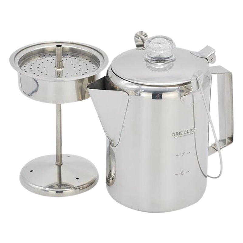 El fabricante suministra una cafetera americana de goteo estilo camping, cafetera mocha de acero inoxidable para uso en exteriores y en el hogar con capacidad para 9 tazas.
