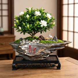 异形层叠陶瓷盆景盆带托盘复古粗陶栀子花老桩桌面景观盆栽盆批发