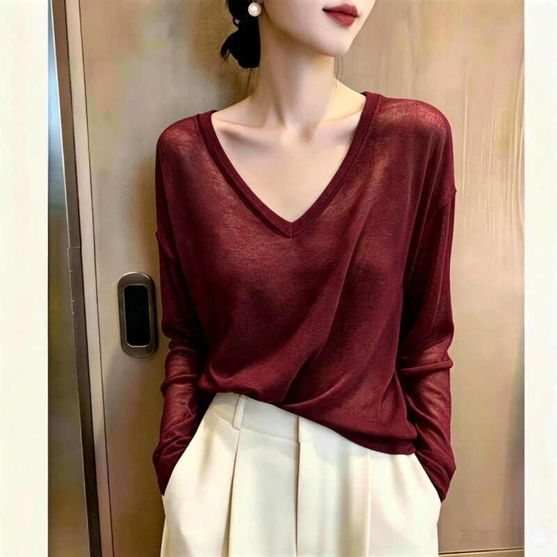 Thin V-neck solid color sun protection cover-up for women, 2026 summer new long-sleeve outerwear, Pilates yoga top