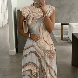 product - wholesale Women Clothing Printed Lace Stitching Sleeveless round Neck Loose Casual Jumpsuit Trousers - 2