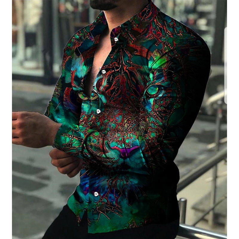 2025欧美男装衬衫秋季长袖翻领衬衫3d印花休闲衬衫男宽松男式衬衣|undefined
