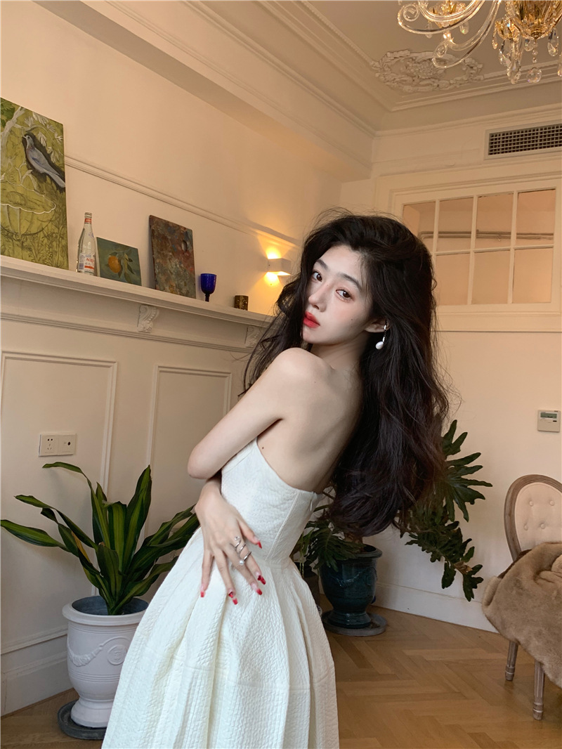 프랑스 스타일 우아한 끈이없는 원피스 여성 여름 해변 휴가 화이트 타이트 허리 A 라인 스커트 롱 스커트
