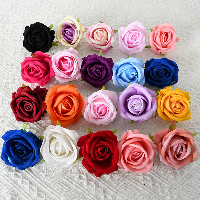 Simulación pequeña franela Rosa flor cabeza boda Boda boda coche escena Hotel diseño flor pared Arco seda Flor al por mayor