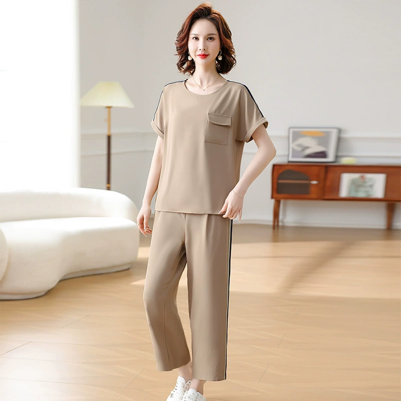 Летний спортивный костюм для молодой мамы, новый стиль 2025 года, для женщин 40-х, 50-х и старшего возраста, футболка с коротким рукавом