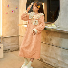 【T】WENS冬季新款韩版加绒保暖珊瑚绒睡裙纯色蝴蝶结女士家居服