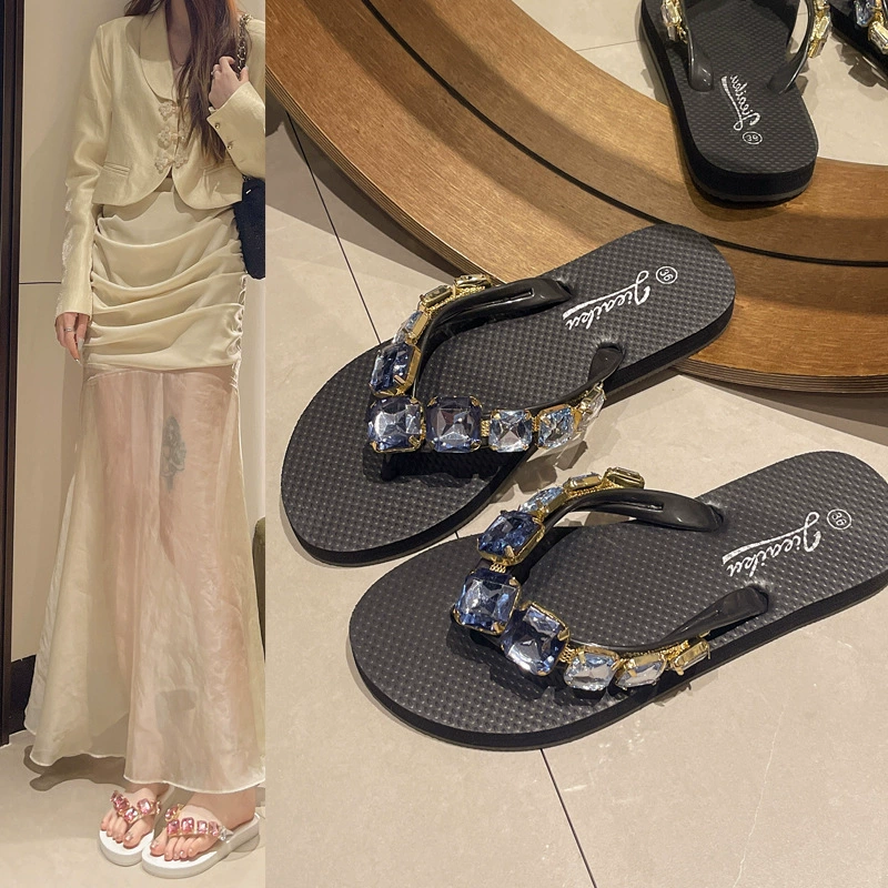 Прямые поставки с фабрики: клетчатые шлепанцы с камнями, нескользящие, большие, плоские, квадратные, однотонные пляжные тапочки с квадратными стразами.