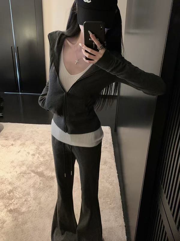 021ope修身运动休闲套装女百搭收腰显瘦连帽卫衣长袖外套微喇长裤|undefined