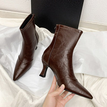 软皮版~法式尖头后拉链弹力瘦瘦靴女通勤秋冬百搭黑色细跟小短靴