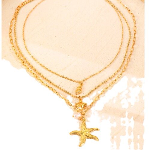 European and American alloy three-layer starfish pearl pendant necklace for women, Bohemian shell ocean accessory, cross-border jewelry