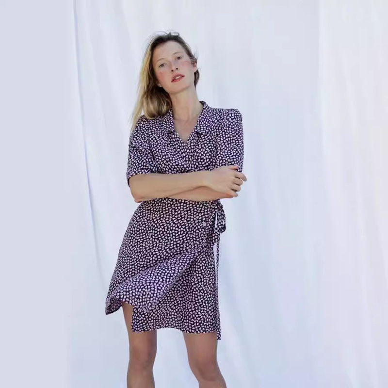 ROUJE 2020 Fall/Winter New French Pastoral V-neck Floral Lapel Wrap Women's 23212 Special dress