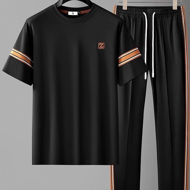 Men's New Summer Thin Sports Suit, Simple and Versatile, Fashionable Striped Embroidered Top, Casual Pants Two-Piece Set