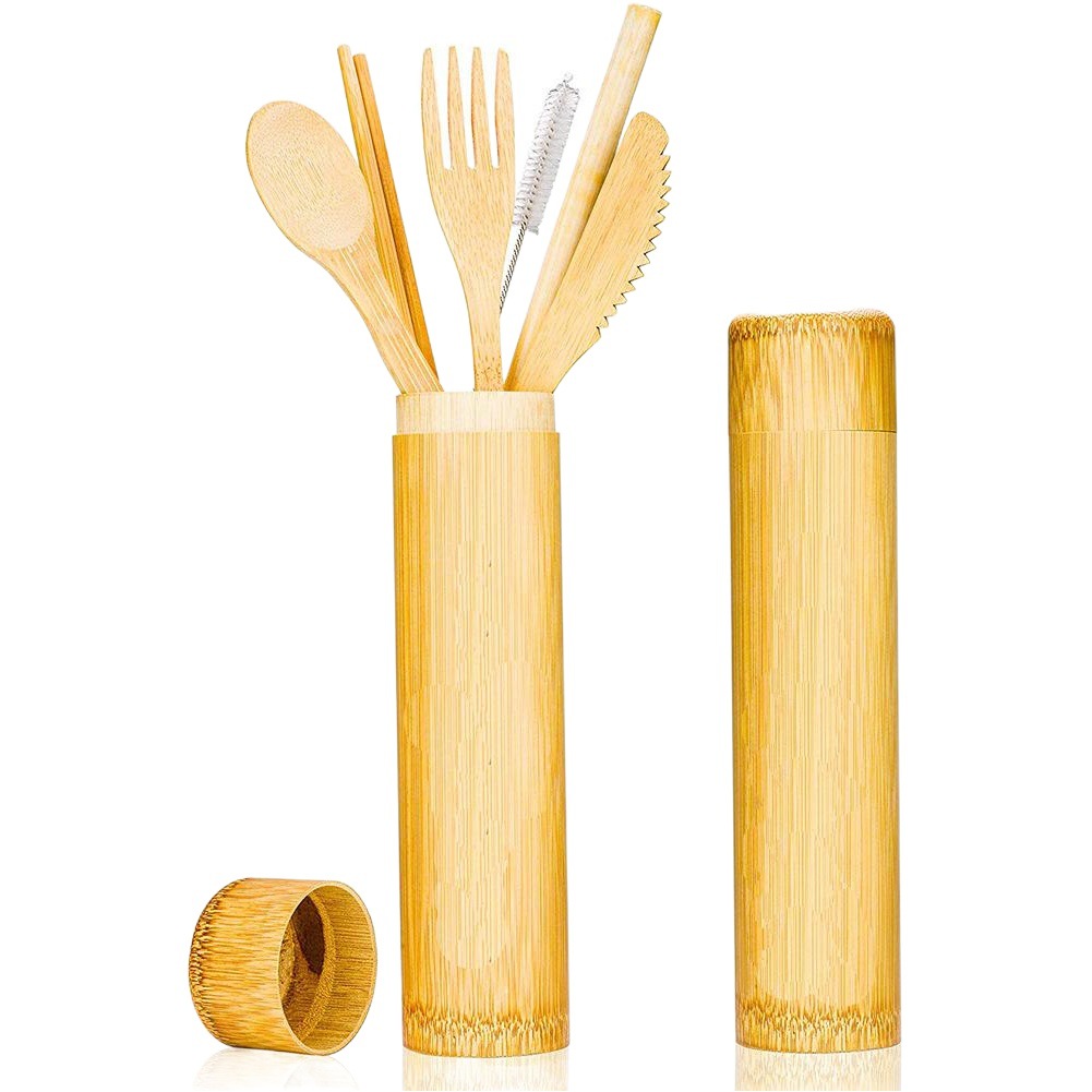 Cuchillo, tenedor y cuchara de bambú de Amazon, vajilla de bambú, caja de regalo de almacenamiento de tubos de bambú, vajilla portátil de bambú personalizada en tubo de regalo
