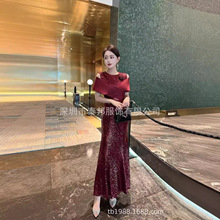 24秋冬新款南油女装礼服批发交叉礼服珠片喜婆婆喜妈妈鱼尾连衣裙