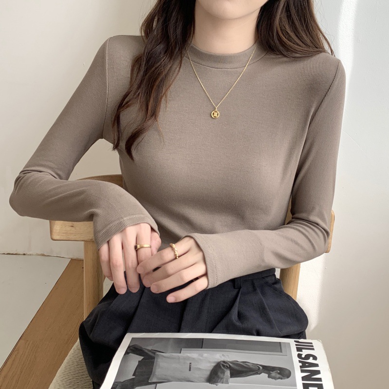 灰色高级感修身显瘦韩系小立领磨毛长袖打底衫女秋冬时尚内搭单品